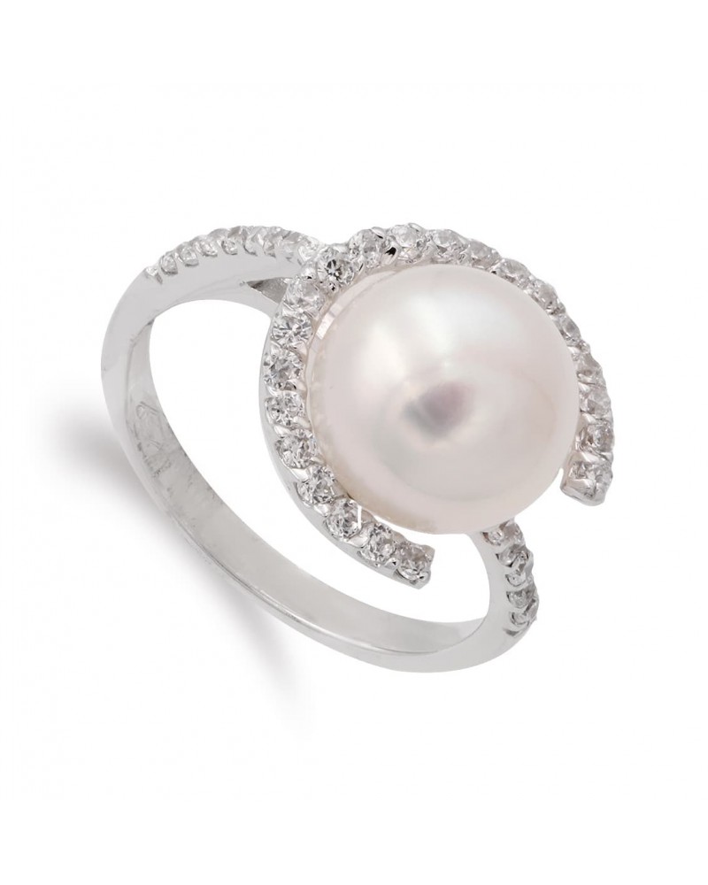 Sortija oro blanco 18k perla 10mm circonitas