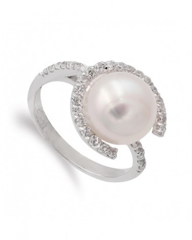 Sortija oro blanco 18k perla 10mm circonitas