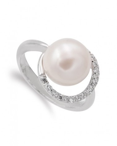 Sortija oro blanco 18k perla circonitas 10mm
