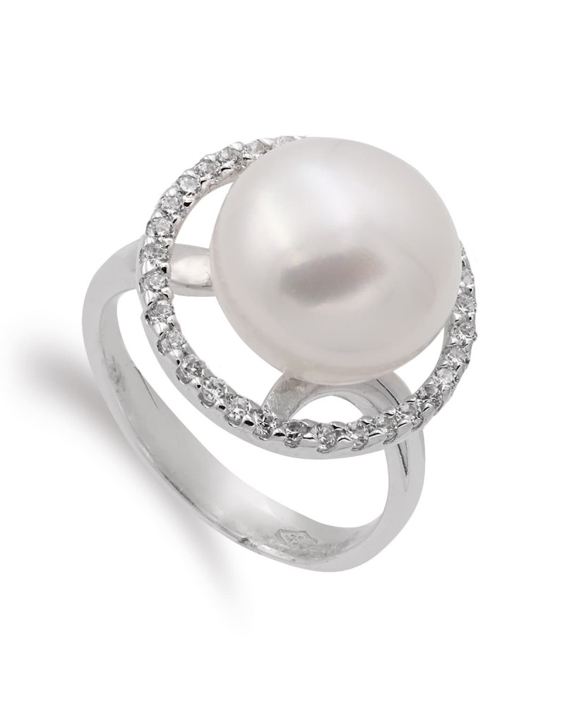 Sortija oro blanco 18k perla 10mm cerco circonitas