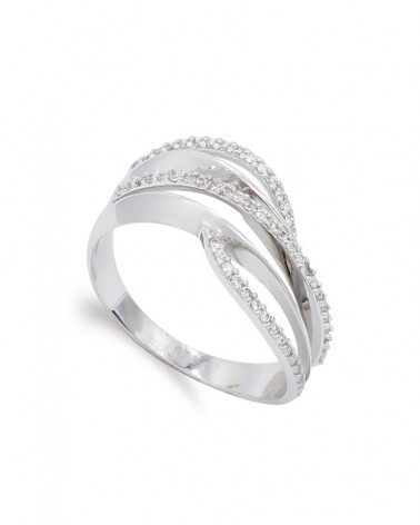 Sortija oro blanco 18k circonitas diseño entrelazado 9mm