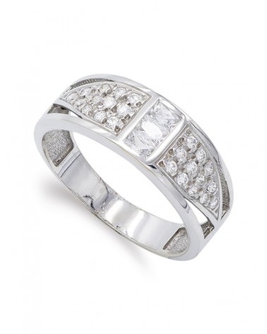 Sortija oro blanco 18k circonitas diseño geométrico 7mm
