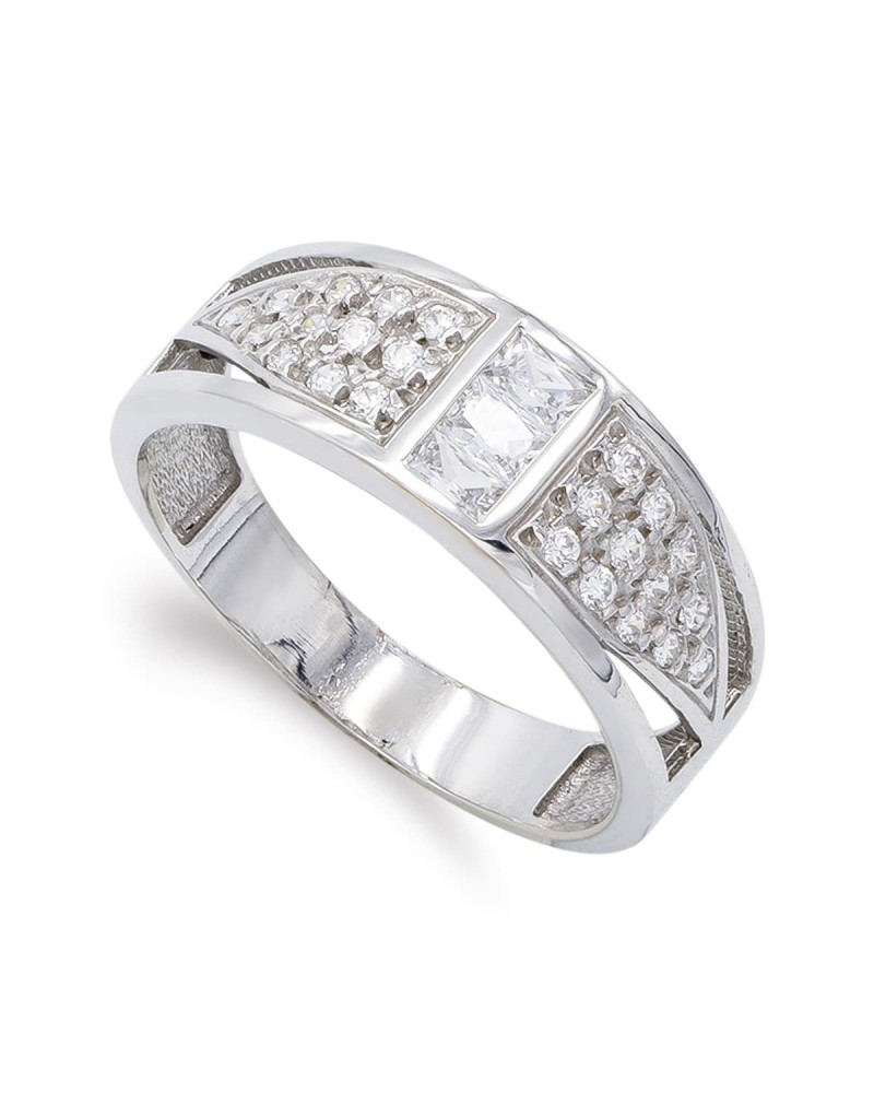 Sortija oro blanco 18k circonitas diseño geométrico 7mm