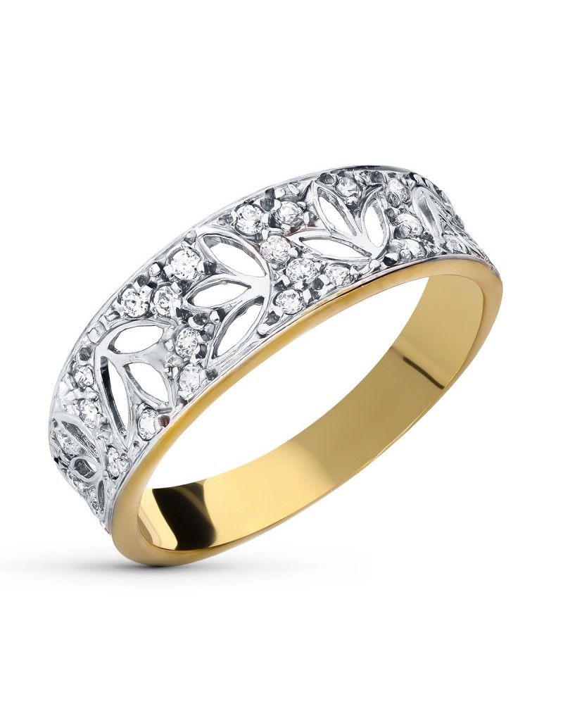 Sortija oro 18k bicolor circonitas diseño floral