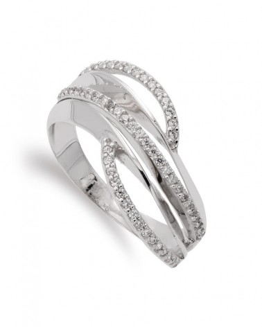 Sortija oro blanco 18k circonitas diseño entrelazado 10mm