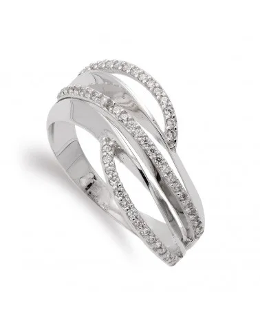 Sortija oro blanco 18k circonitas diseño entrelazado 10mm