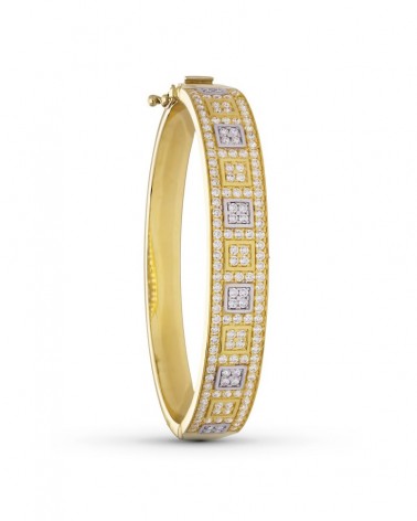 Pulsera oro 18k bicolor rígida circonitas diseño cuadrados