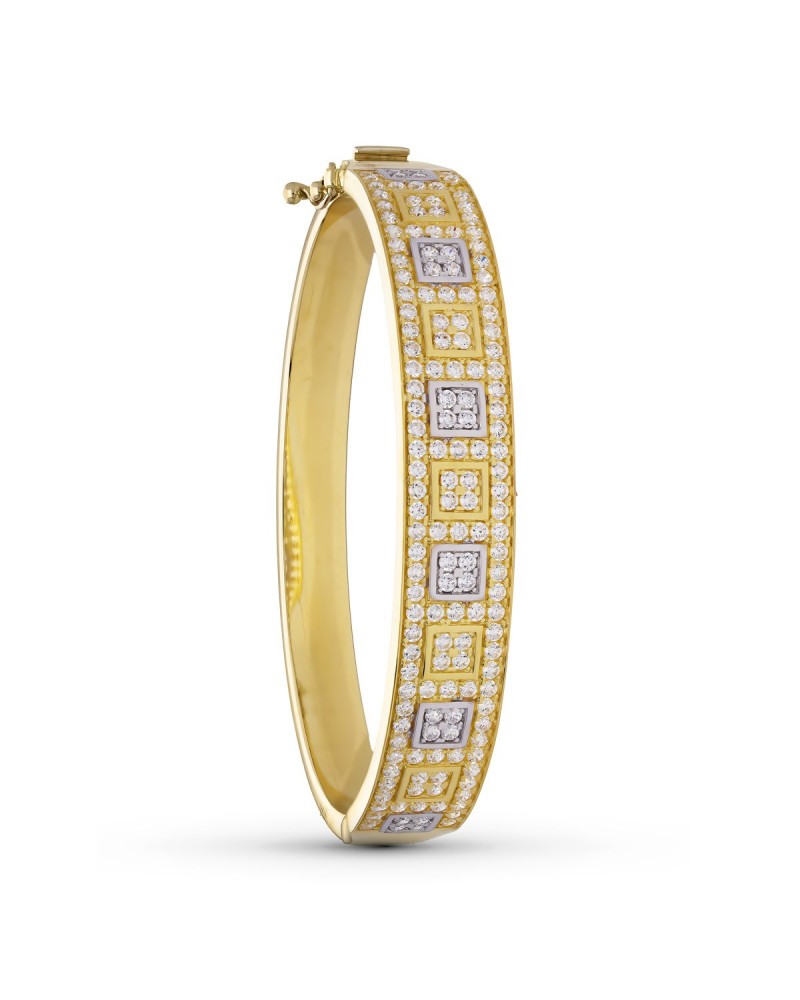 Pulsera oro 18k bicolor rígida circonitas diseño cuadrados