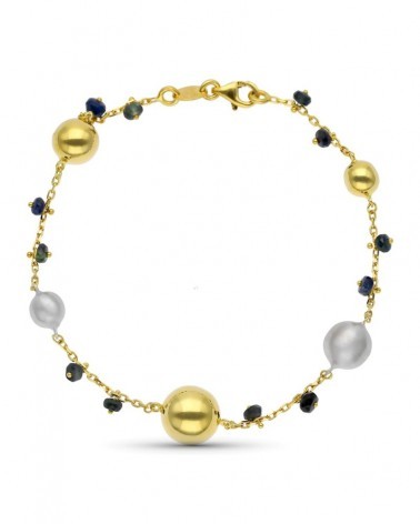 Pulsera oro 18k bicolor bolas y piedras azules 6,4g