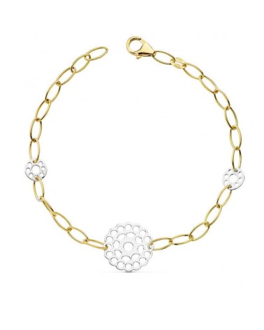 Pulsera oro 18k bicolor motivos calados 19 cm