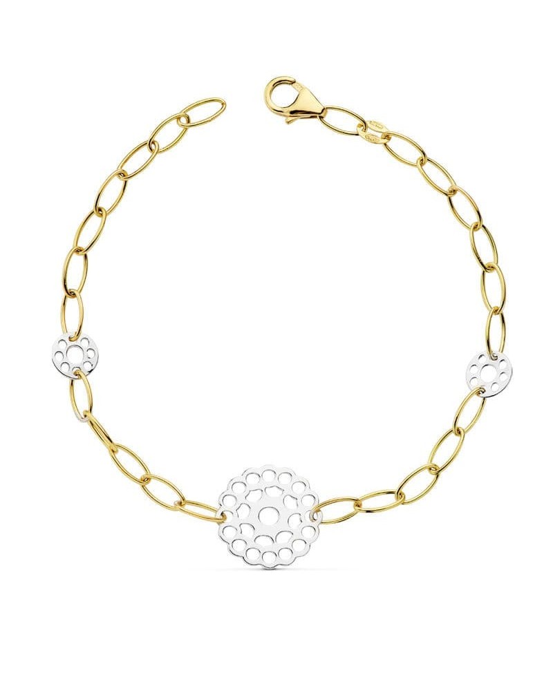 Pulsera oro 18k bicolor motivos calados 19 cm