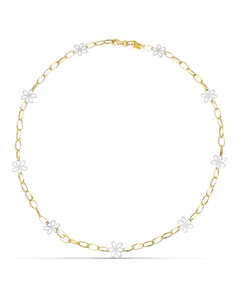 Gargantilla oro 18k bicolor flores cadena eslabón