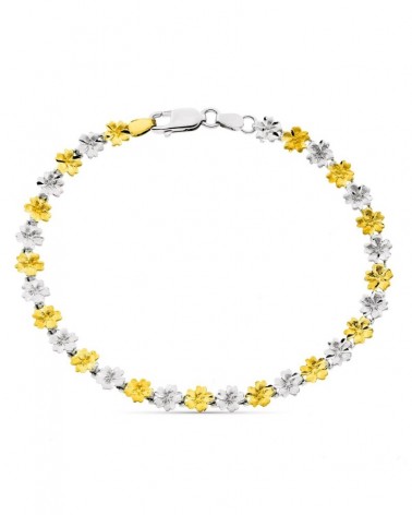 Pulsera oro 18k bicolor flores 19 cm