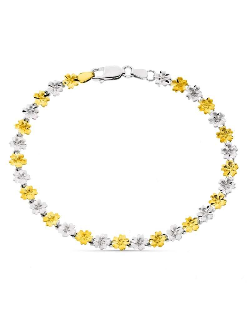 Pulsera oro 18k bicolor flores 19 cm