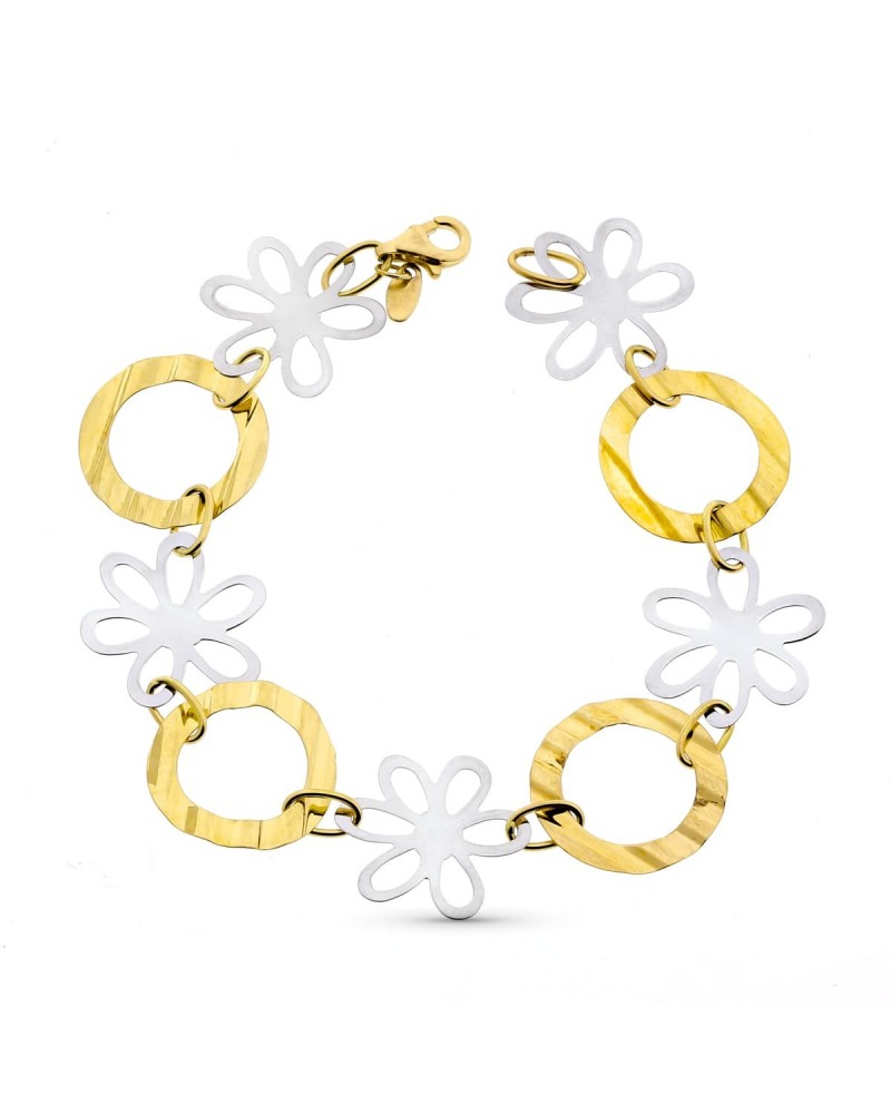 Pulsera oro 18k bicolor flores 18,5cm