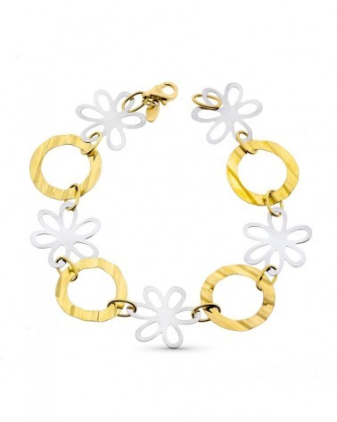 Pulsera oro 18k bicolor flores 18,5cm