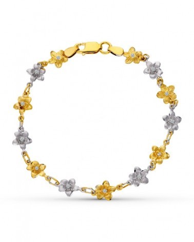 Pulsera oro 18k bicolor flores con circonita 18,5cm