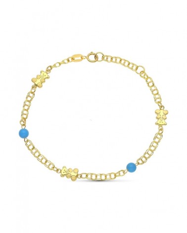 Pulsera oro 18k infantil osos y turquesas 18 cm