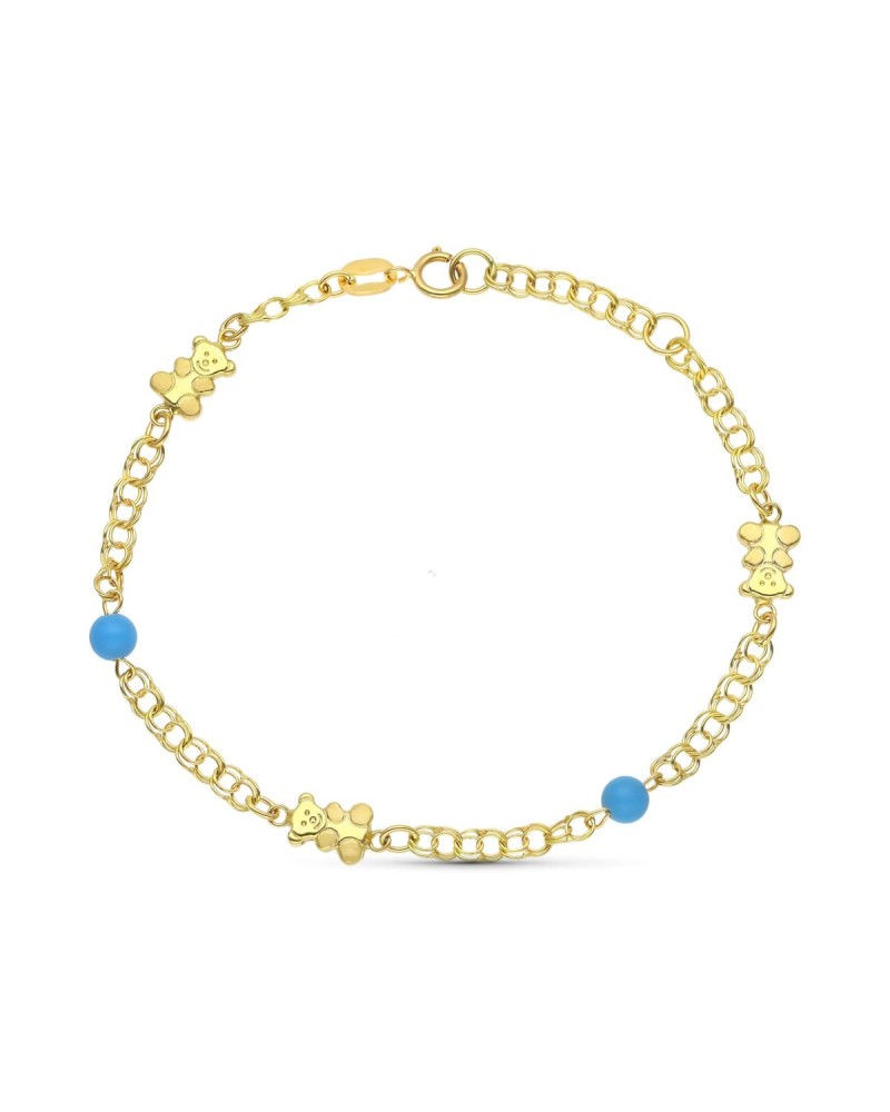 Pulsera oro 18k infantil osos y turquesas 18 cm