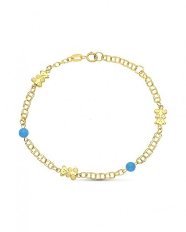 Pulsera oro 18k infantil osos y turquesas 18 cm