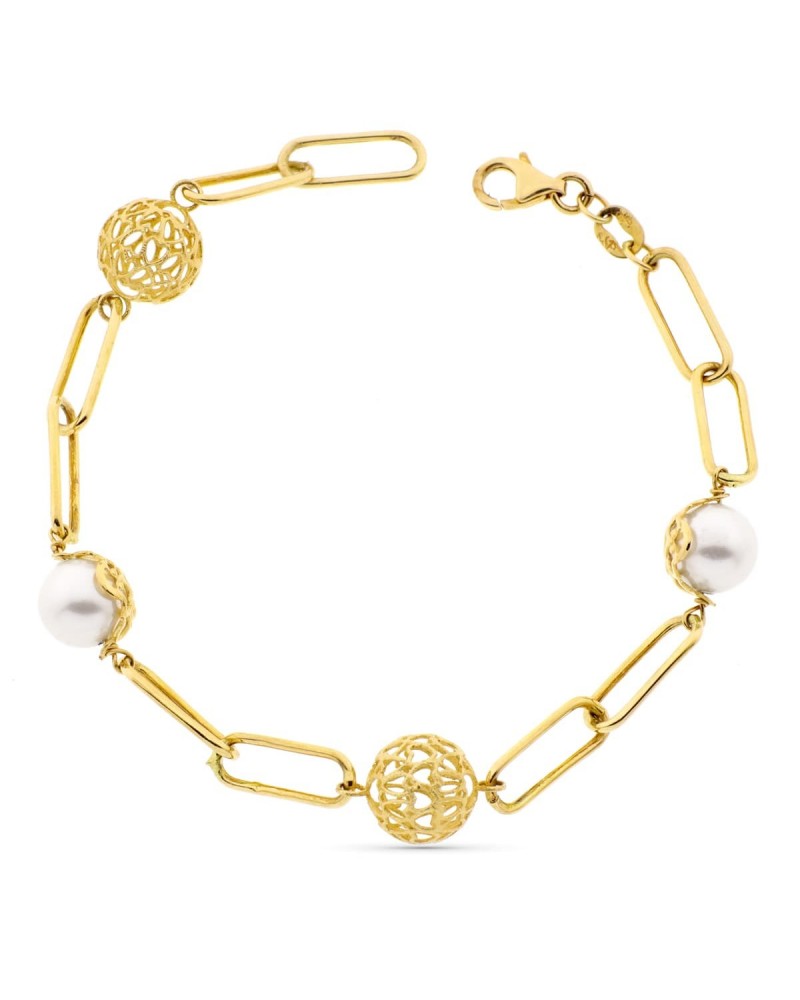 Pulsera oro 18k amarillo perla bolas caladas 19 cm