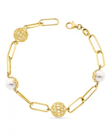 Pulsera oro 18k amarillo perla bolas caladas 19 cm