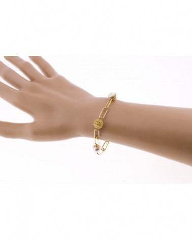 Pulsera oro 18k amarillo perla bolas caladas 19 cm