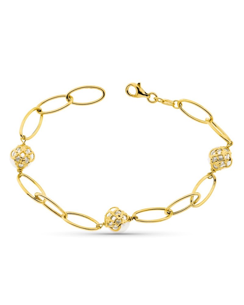 Pulsera oro 18k eslabones ovalados con perlas 8mm