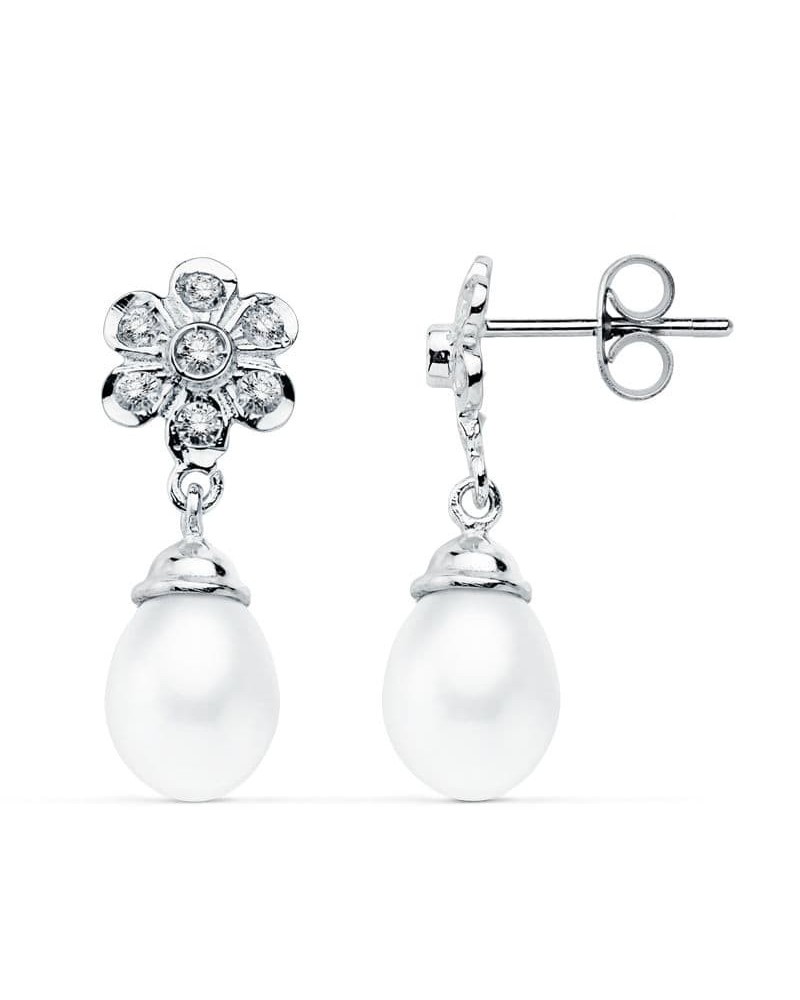 Pendientes oro blanco 18k perlas circonitas 23x8mm