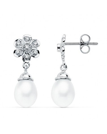 Pendientes oro blanco 18k perlas circonitas 23x8mm