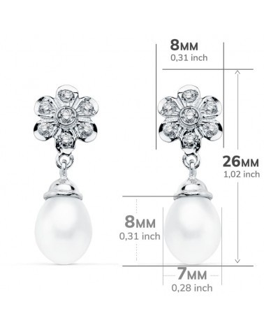 Pendientes oro blanco 18k perlas circonitas 23x8mm