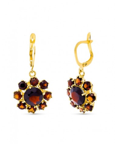 Pendientes oro 18k granate flor cierre gancho