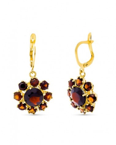 Pendientes oro 18k granate flor cierre gancho
