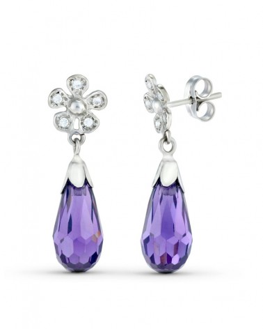 Pendientes oro blanco 18k flor circonitas piedra morada