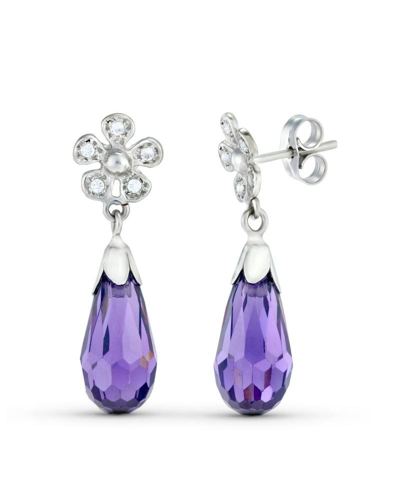 Pendientes oro blanco 18k flor circonitas piedra morada