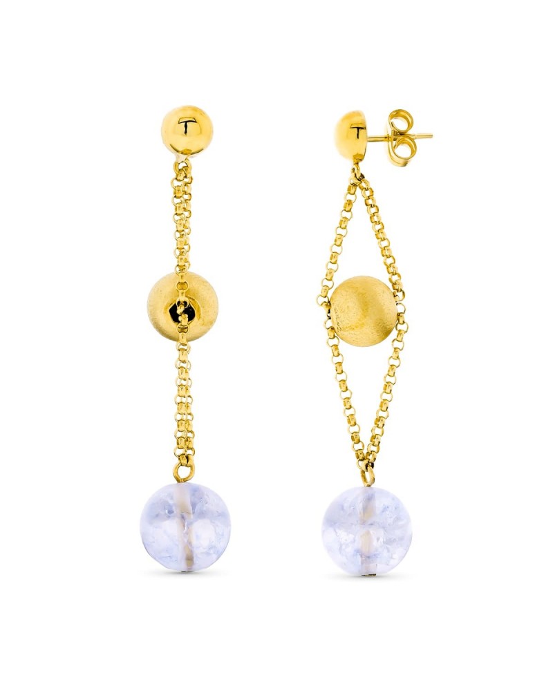 Pendientes oro 18k largos bola dorada y piedra color
