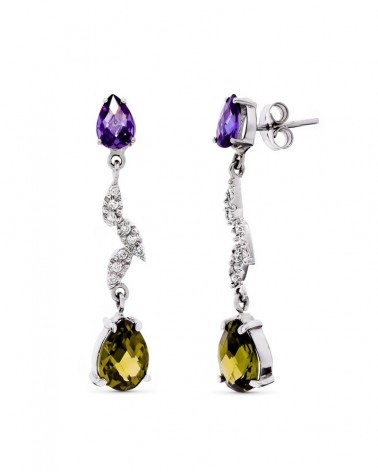 Pendientes oro blanco 18k largos piedras de color 36mm