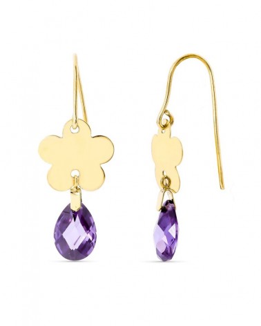 Pendientes oro 18k flor amatista cierre gancho