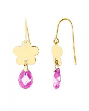 Pendientes oro 18k flor piedra rosa 10x7mm