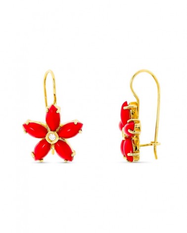 Pendientes oro 18k flor coral circonita cierre gancho