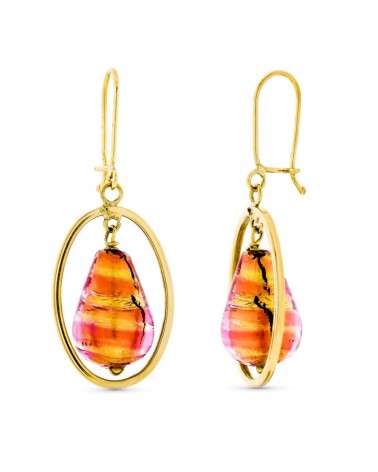 Pendientes oro 18k cristal Murano naranja rosa 12x8mm