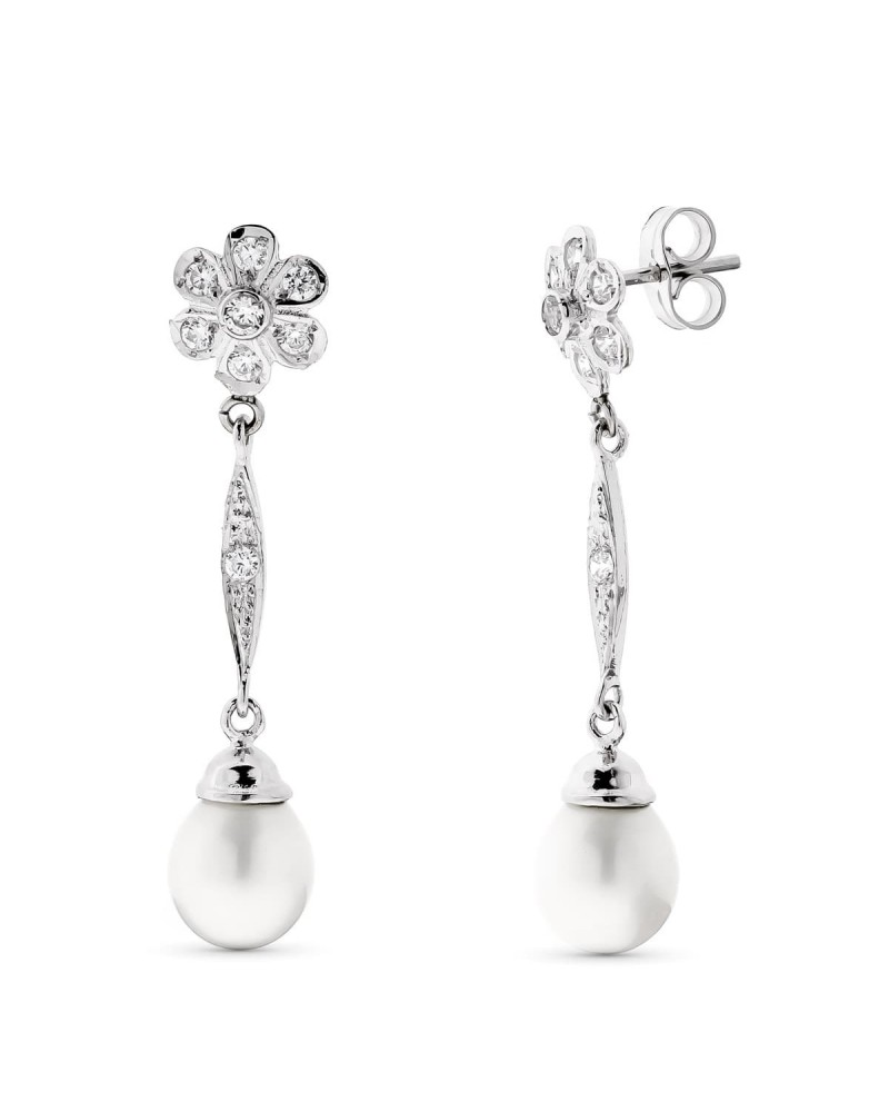 Pendientes oro blanco 18k perla y flor circonita