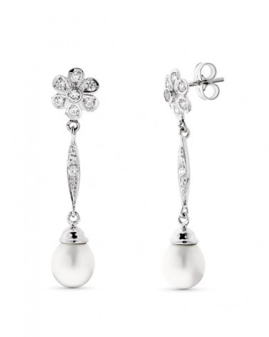 Pendientes oro blanco 18k perla y flor circonita