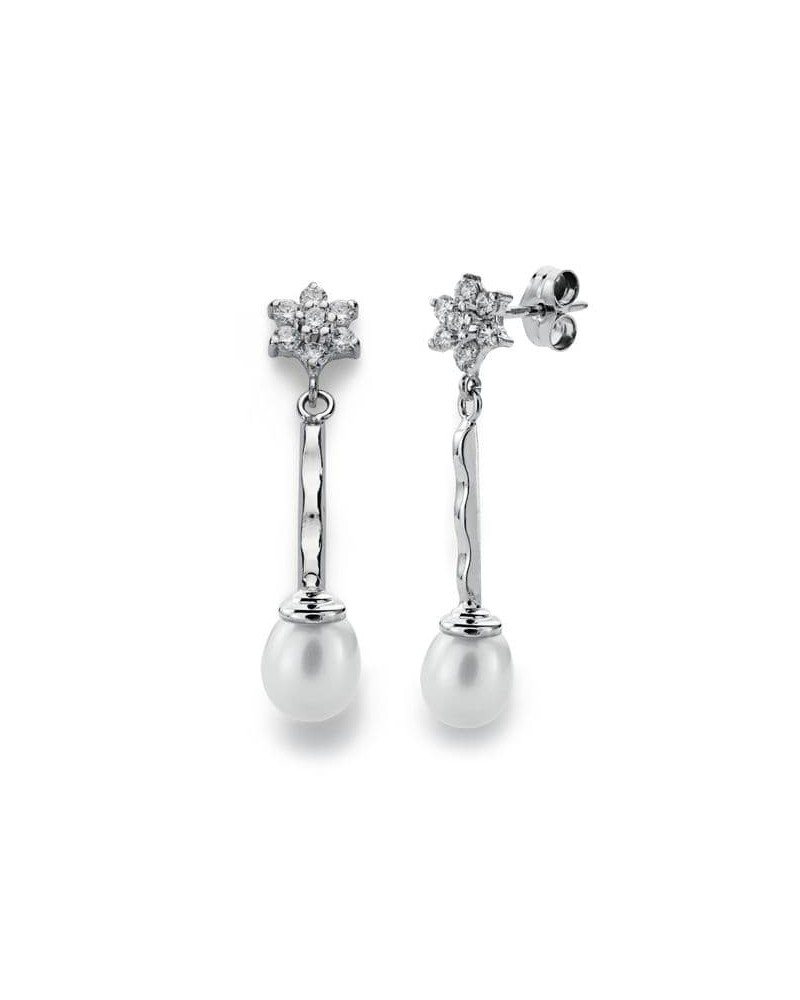 Pendientes oro blanco 18k perla cuajo circonitas 34mm
