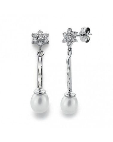Pendientes oro blanco 18k perla cuajo circonitas 34mm