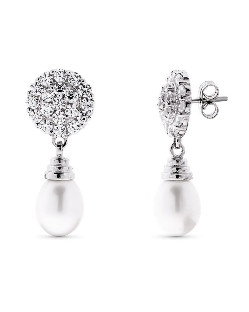 Pendientes oro blanco 18k perla circonita cierre presión