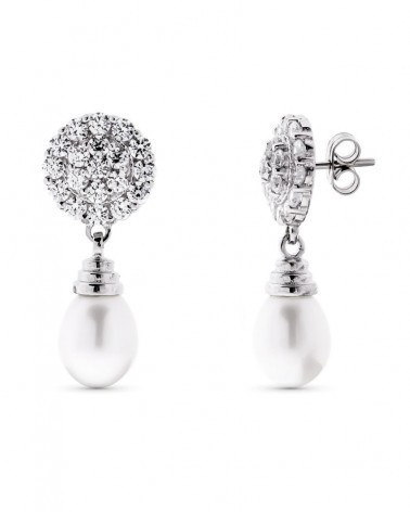 Pendientes oro blanco 18k perla circonita cierre presión