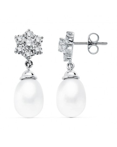 Pendientes oro blanco 18k perlas circonitas roseta