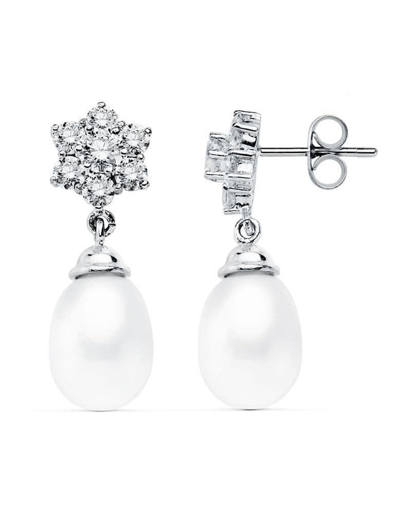 Pendientes oro blanco 18k perlas circonitas roseta