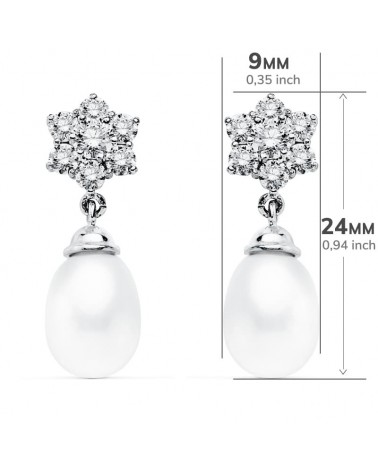 Pendientes oro blanco 18k perlas circonitas roseta